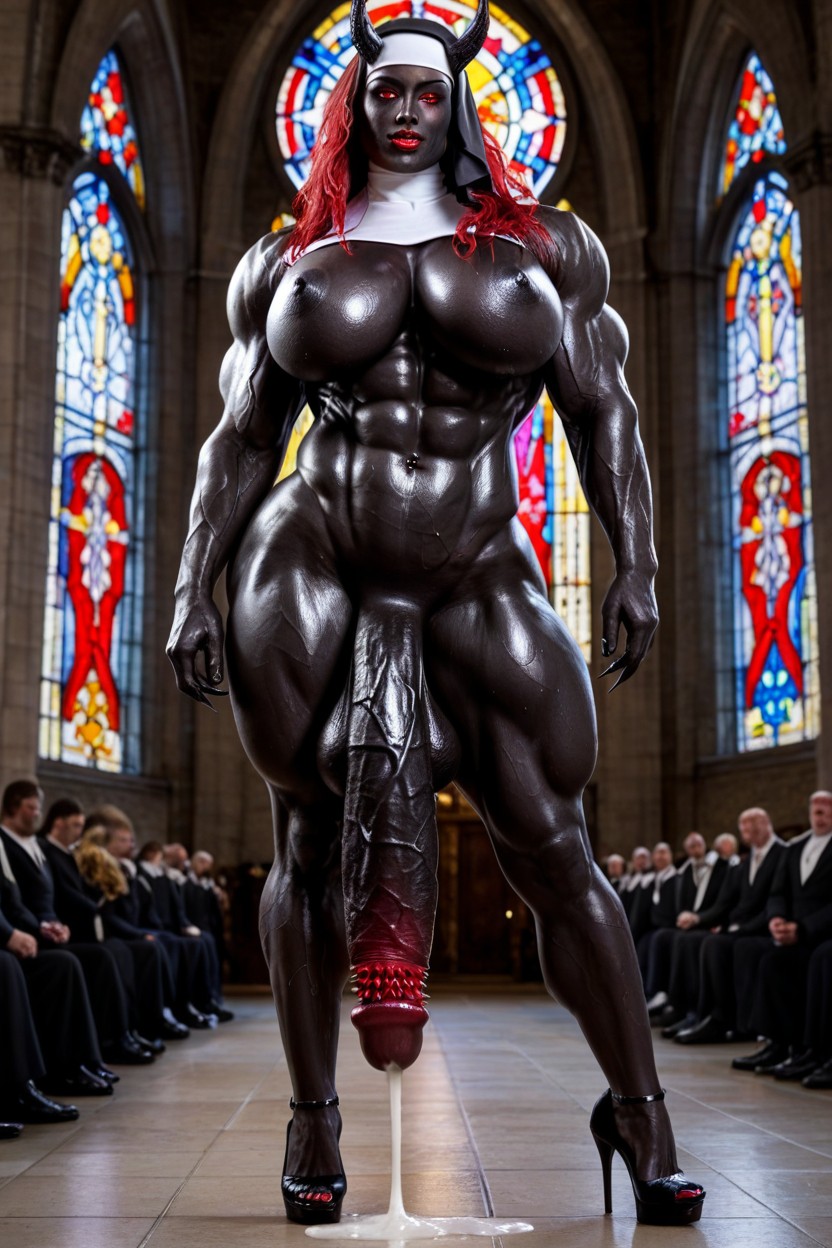 Massive Muscle Trapez, Massive Breast, Massive Flaccid Black Cock Shemale AI Porn