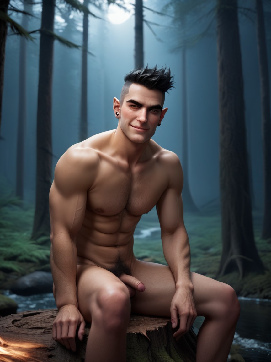 Lips, Sharp Jaw, Sitting On A Stump In A Forest AI Gay Porn