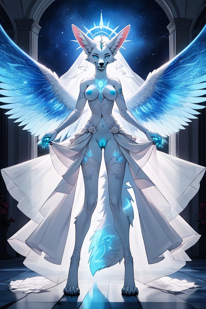 Claws, Glowing White Angelic Markings On Body, Cosmic Wings Furry AI Porn
