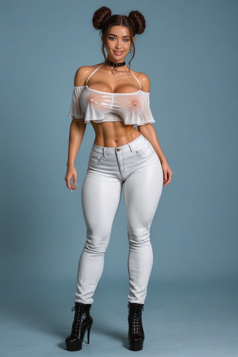 Brunette, White Jeans, Extremely Pretty Face AI Porn