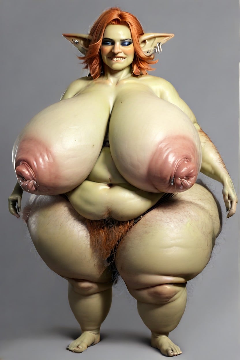 Morbidly Obese Blob, Goblin Style Clothing Large Nipple Weight, Boobs Sagging To Side Of Belly AI Porn