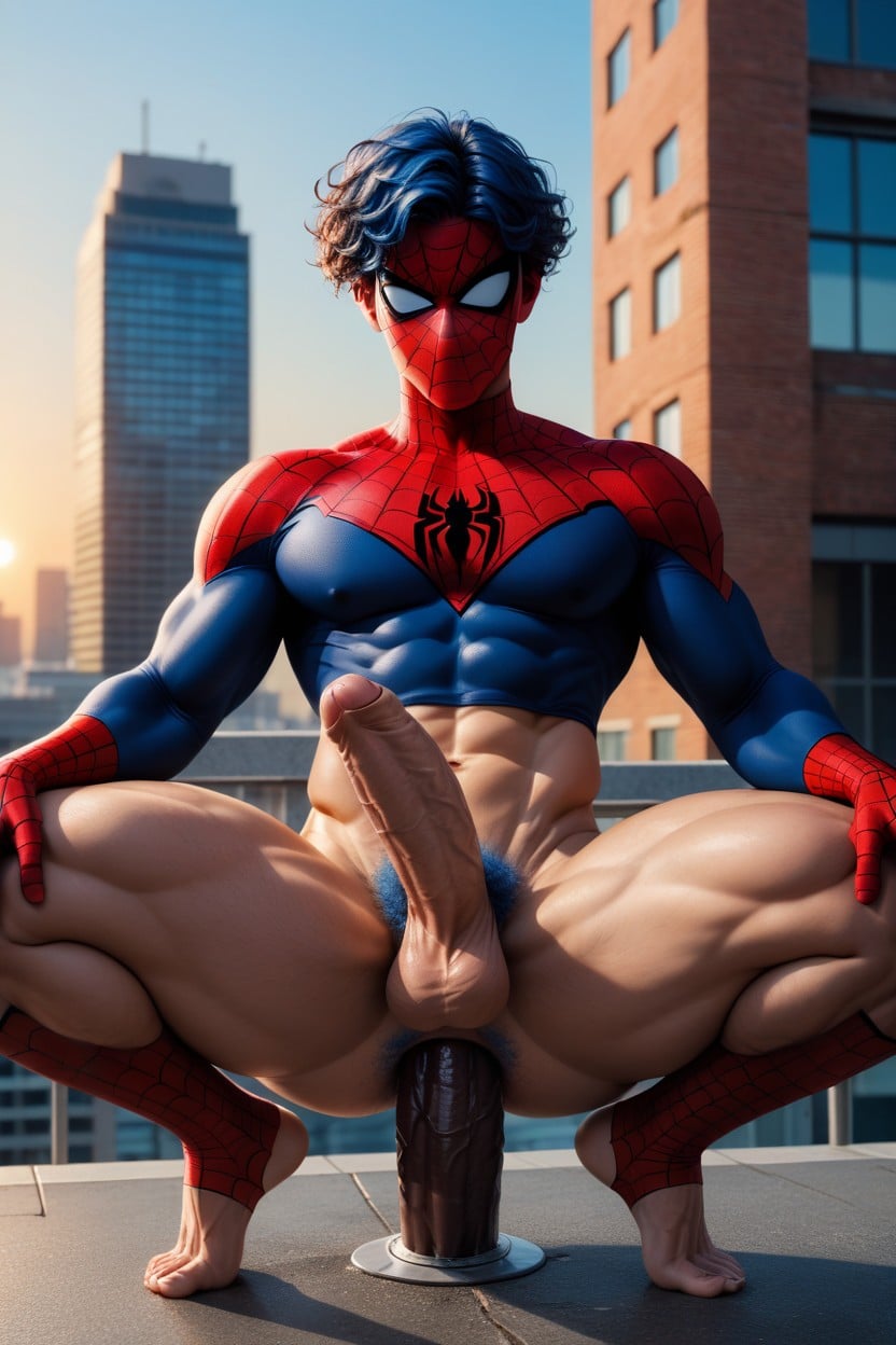 Squatting, Masturbating, Blue Hair AI Gay Porn