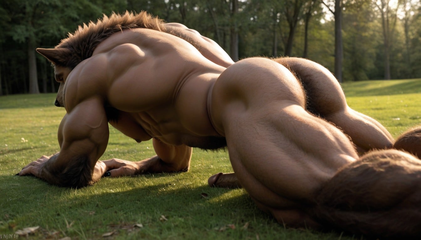 Body Of Werewolf Looks Like A Monstrous Beast, Massive Hairy Back Muscles, Laying AI Gay Porn