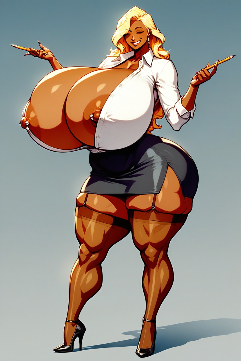 Nervously Smiling With Eyes Closed, Dark Brown Skin, Pencil Skirt AI Porn