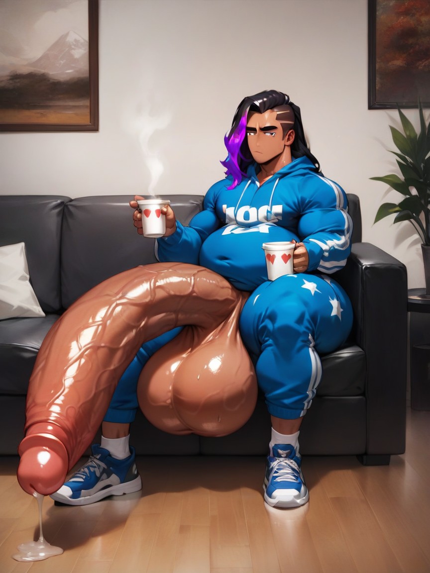 Living Room, Multi Colored Hair, Feminine Face AI Gay Porn