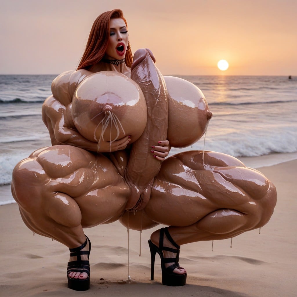 Cum, Oiled Skin, Sexy Sultry Feminine Face Shemale AI Porn