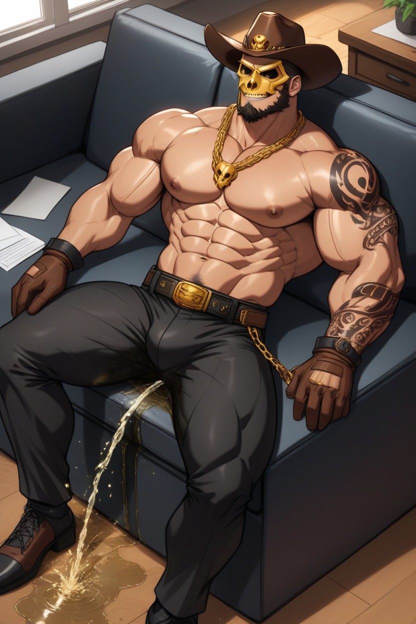 Abs And Dick Covered In Pee, Alot Of Piss Coming From Dick, Hand On Base Of His Cock AI Gay Porn