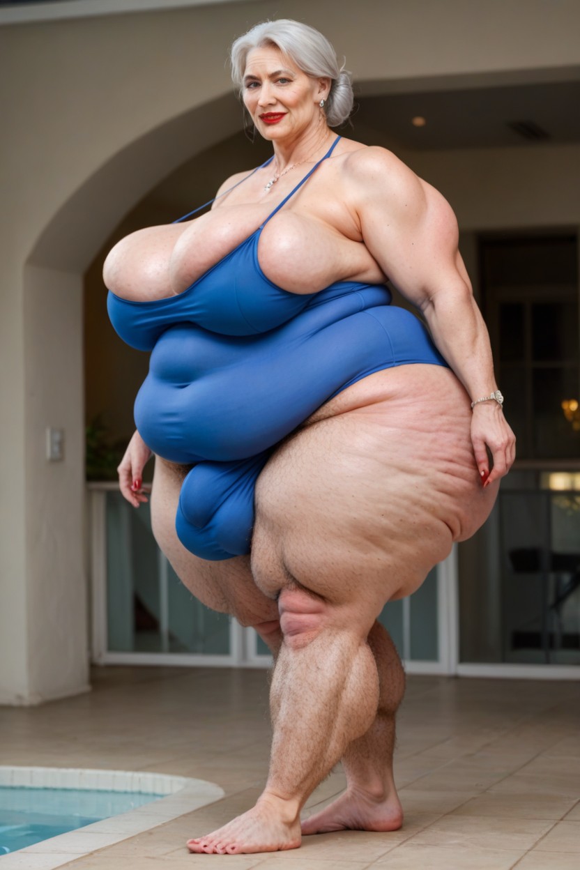 Cock Bulge Below Her Knees, White Hair, Gigantic Shemale AI Porn