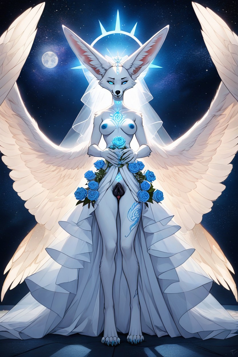 Albino Fennec Fox With White Fur Covering The Whole Body, White Fur, Four Large Light Blue Angelic Wings Furry AI Porn