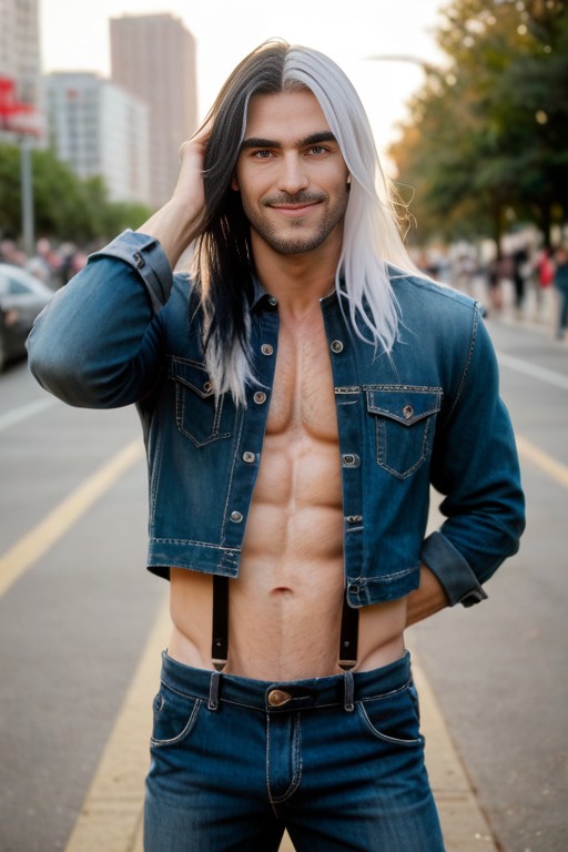 Smiling, Black Hair With White Hair Highlights, Award Winning Photo AI Gay Porn