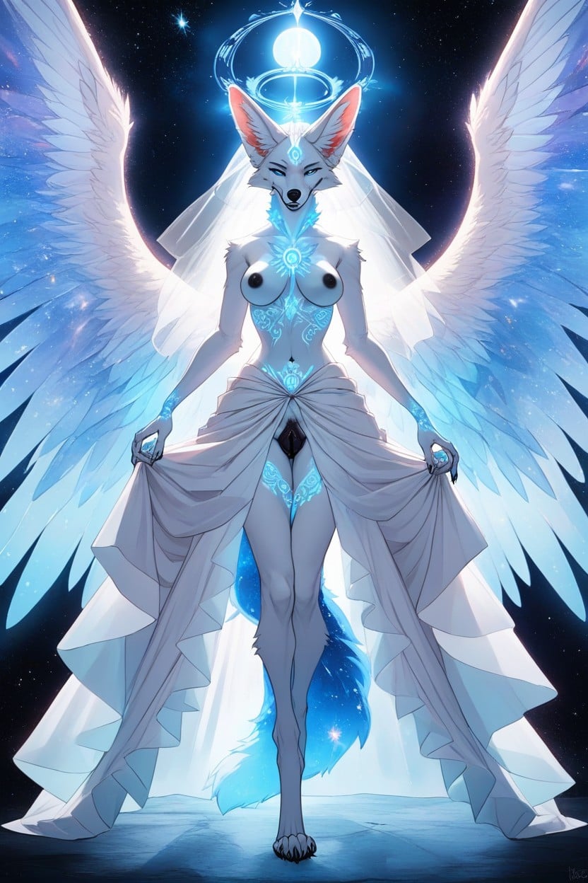 Glowing White Angelic Markings On Body, Light Blue Lighting, Glittering In The Light Furry AI Porn