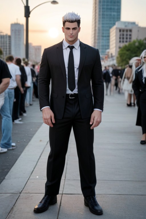 Multicolor Hair With White Hair Streak, Black Suit, Jacket AI Gay Porn