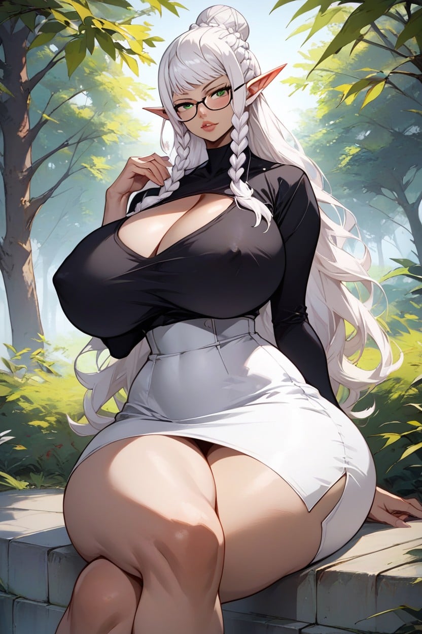 White Braids In Front Of Ears, Hair White, Thick Thighs Hentai AI Porn