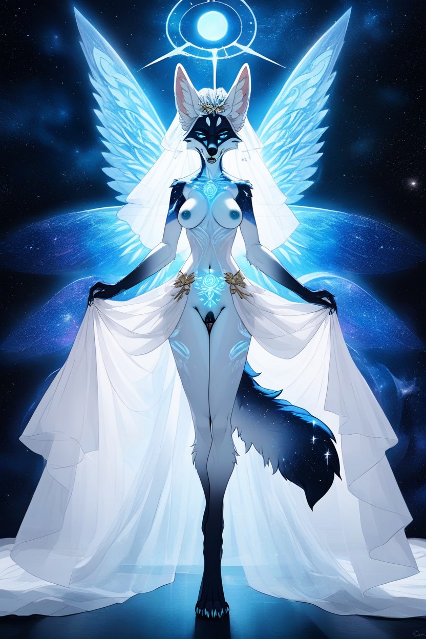 Large White Ears, Cosmic Wings, Digitigrade Legs Furry AI Porn