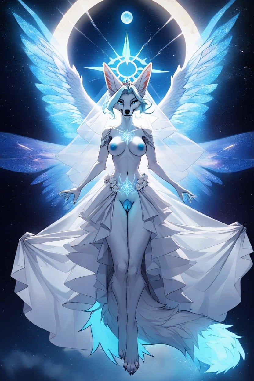 Sparkling, Light Blue Paws, Glowing White Angelic Markings On Body Furry AI Porn