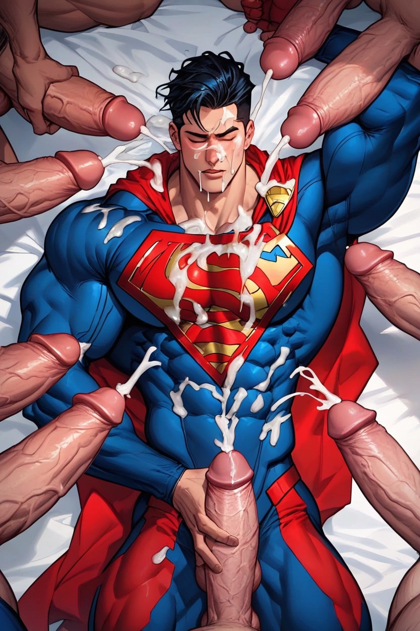 Big Dicks Over Supermans Face, A Large Hard Cock Dripping Cum, Supermans Tight Red Trunk Holding Penis AI Gay Porn
