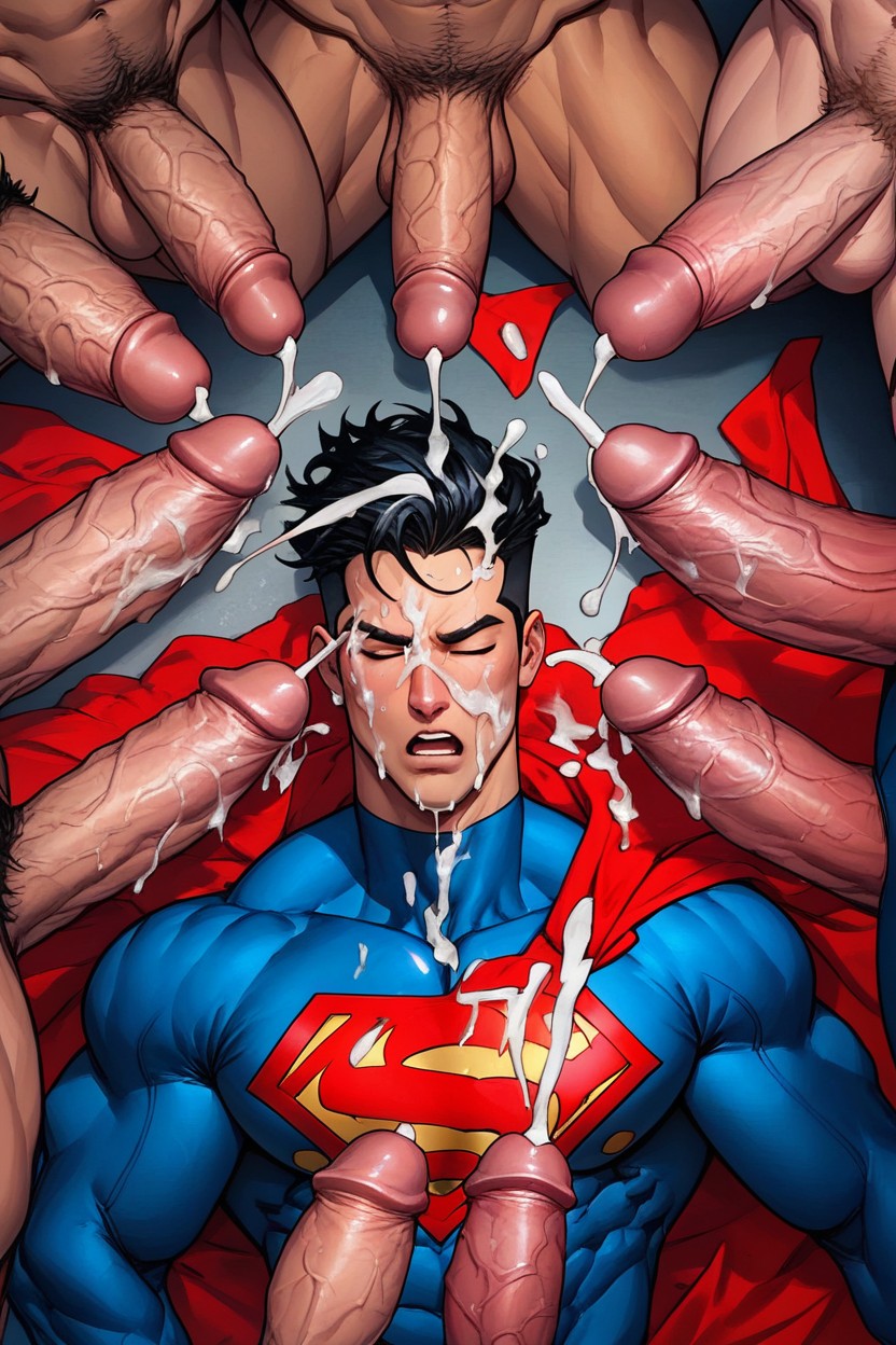 Superman In Bed, Sticky Cum Across His Hair And Forehead, Massive Shoulders AI Gay Porn
