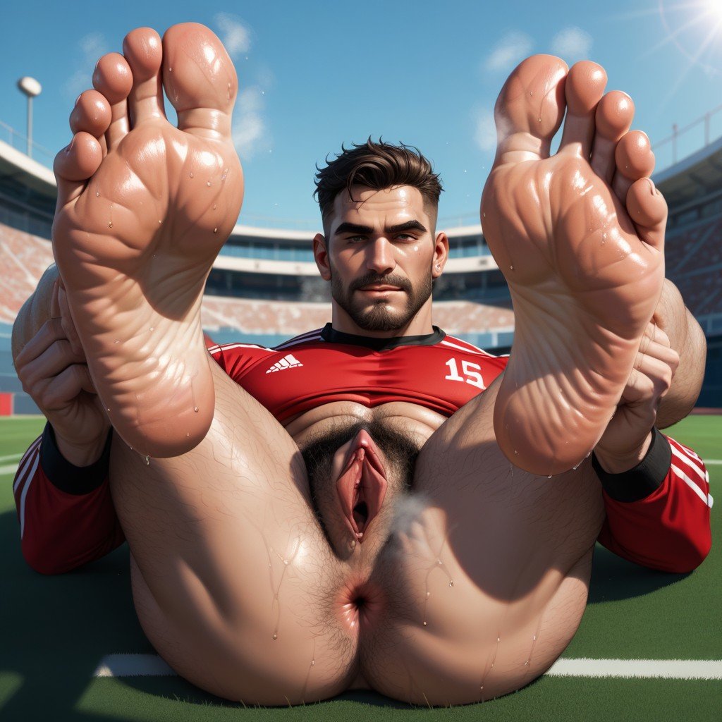 ...sweaty, wet, football field setting, horny look, strong eye contact, moa...