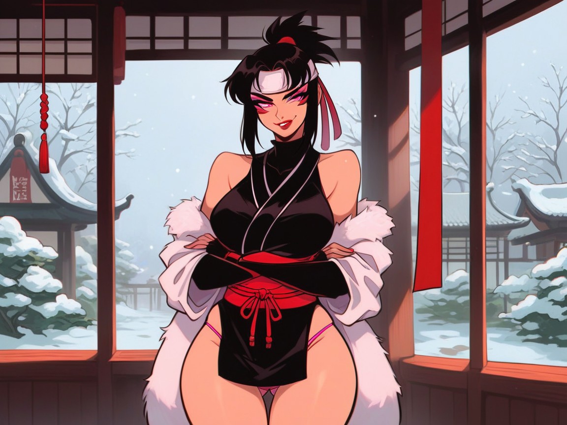 Wide Round Hips, White Long Fur Coat, Pink Eyes Hentai AI Porn