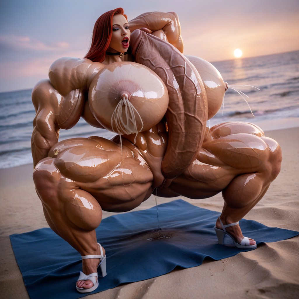 Sexy Sultry Feminine Face, Extreme Muscle Definition Mass, Well Massive Pump Up Gigantic Enormous Saggy Perfect Round Tits Vixen AI Porn