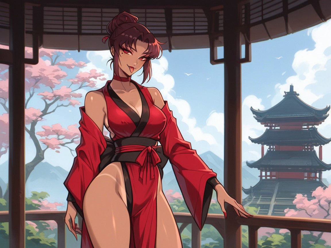 Wide Long Shoulders, Scarlet Hair Bun, Skinny Hentai AI Porn