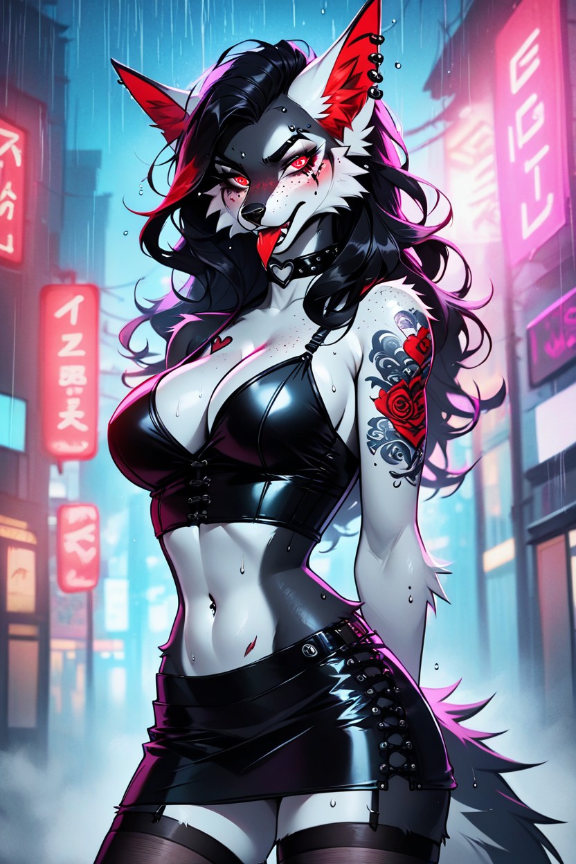 Skinny, Mainly Black And Red Secondary Fur Pattern Like A Fox, Arms Behind Back Furry AI Porn