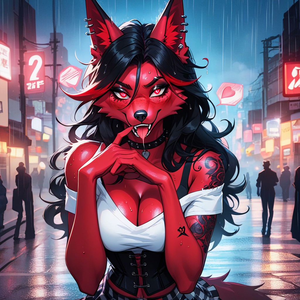 Choker, Pubic Fluff, Red Skin Fur With Black Accents Furry AI Porn