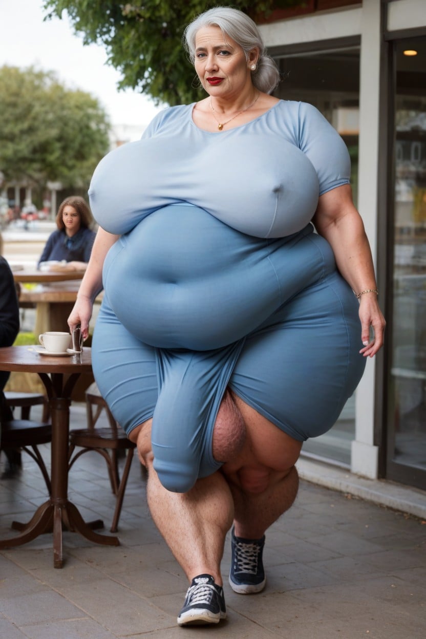 Gargantuan Breasts, Plump Lips, Walking On The Sidewalk AI Porn