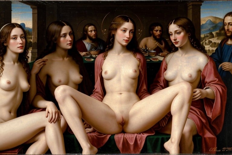 Realistic, Women Are Sitting Next To Christ And Coquetry, Drinking Wine In Crystal Glasses AI Porn