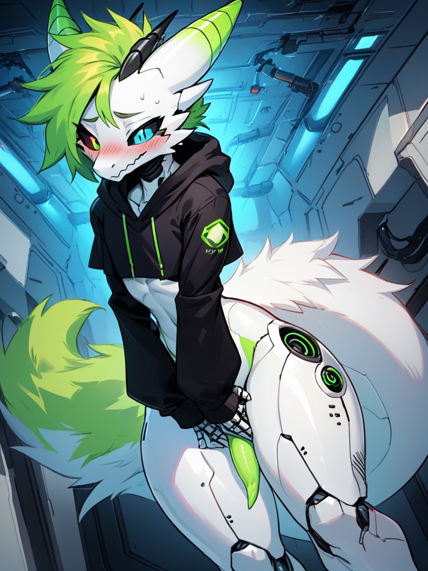Wide Hips, Bionic Body, Black Oversized Hoodie Furry AI Porn