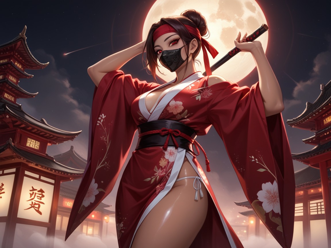 Bathrobe, Wearing Red Silk Futuristic Ninja Clothes, Neon Pagoda Hentai AI Porn