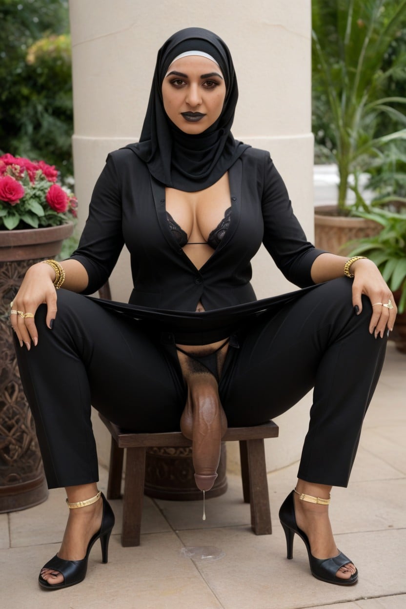 Arab, Cotton Pants Suit, Sitting Down Legs Spread Shemale AI Porn