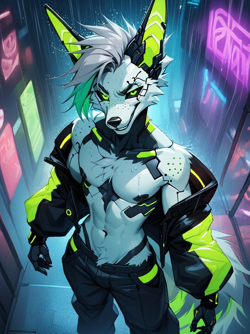 Wide Hips, Lime Green Eyes, Cyborg Ears Furry AI Porn