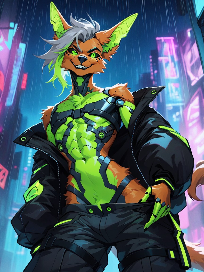 Lime Green And Black Jacket, Fluffy Neck Fur, Brown Ears Furry AI Porn