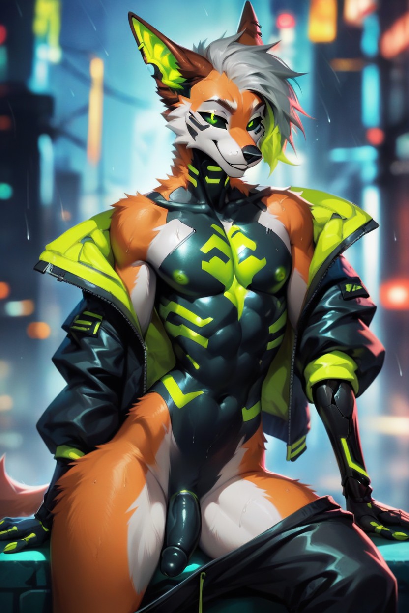 Dark Snout, Lime Green Markings On Body, Cyberpunk City Furry AI Porn