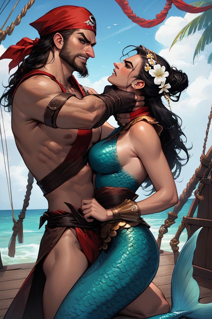 Pirates Around, Human Male Pirate With Legs, Mermaid Woman Is Choking Male Pirate Furry AI Porn