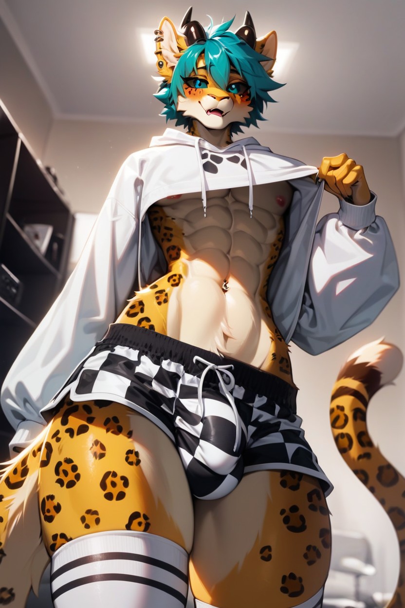 Messy Hair, Waist, Paw Print On Sweatshirt Furry IA