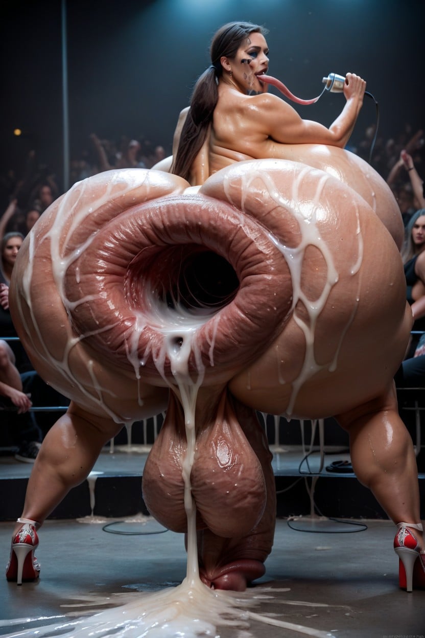 Cum On Her Tongue, Vue Arrière, Ridiculously Huge Hyper Penis Porno IA transsexuelle