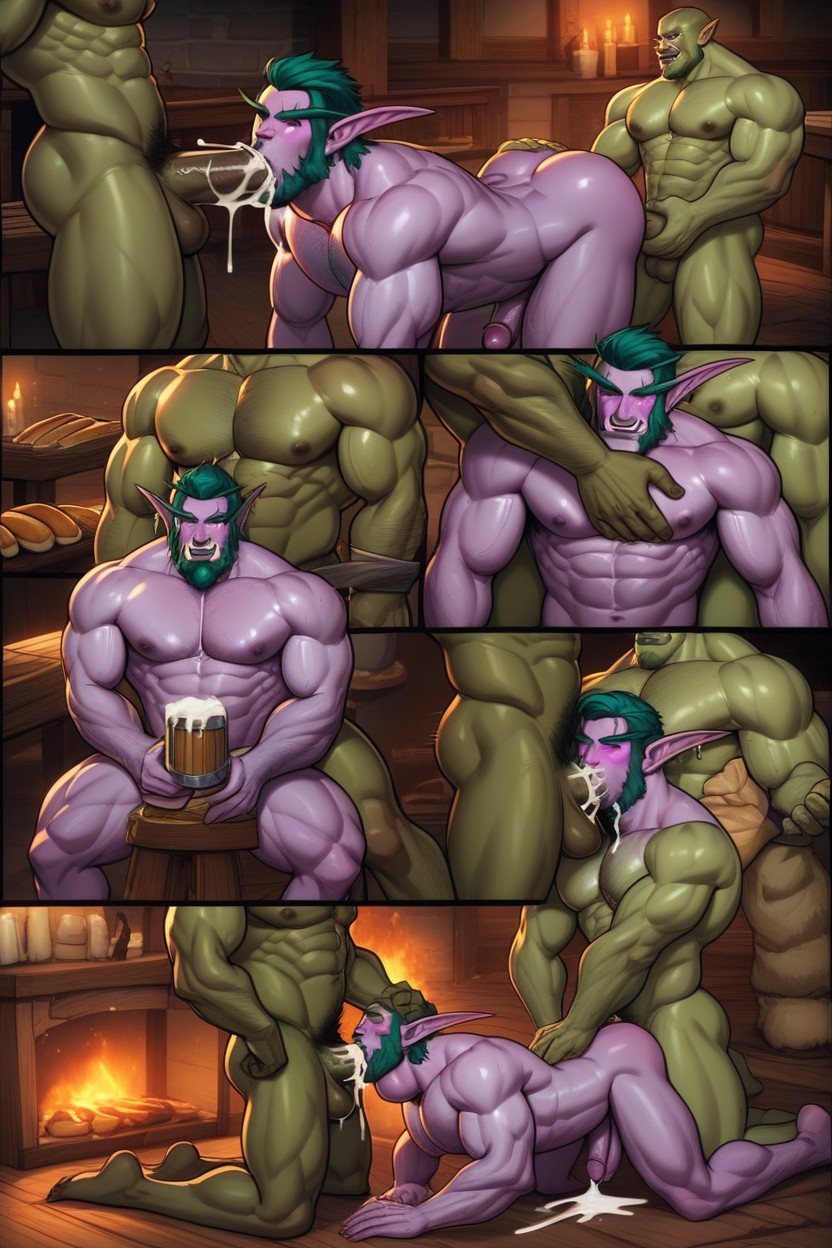 Orcs Fucking An Elf, Old Wooden Tavern In World Of Warcraft Style, Elves Servicing Orcs AI Gay Porn