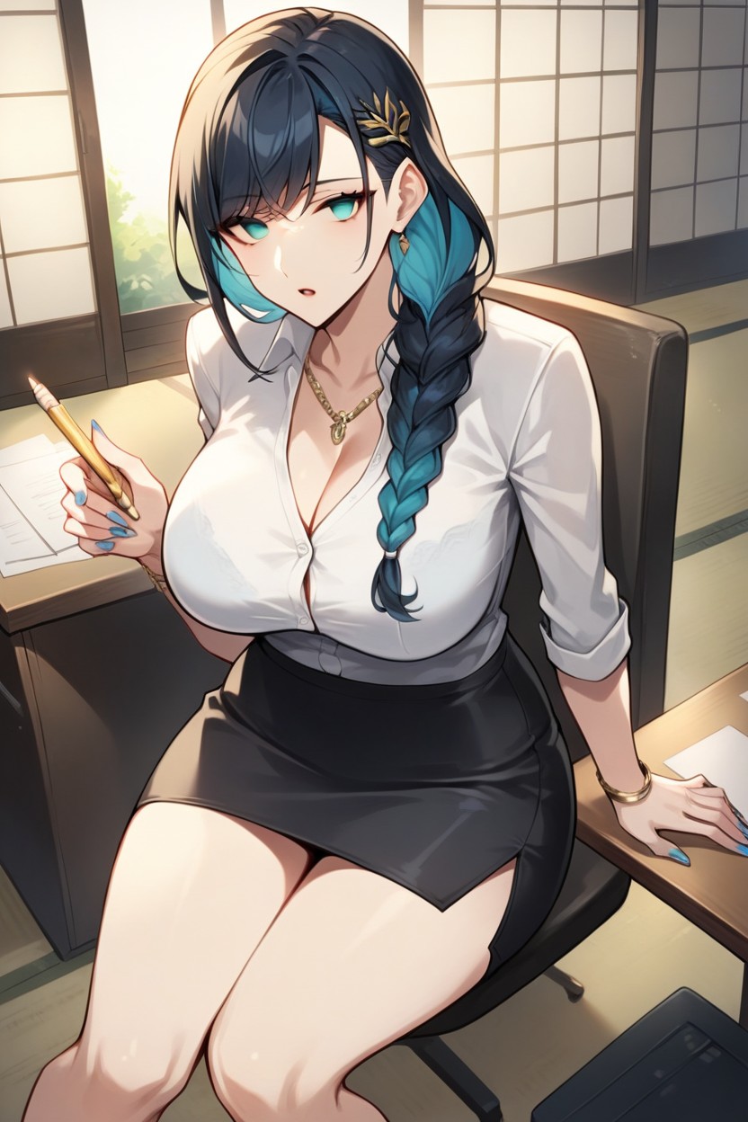 Long_hair, Green_eyes, Black_hair Hentai AI Porn