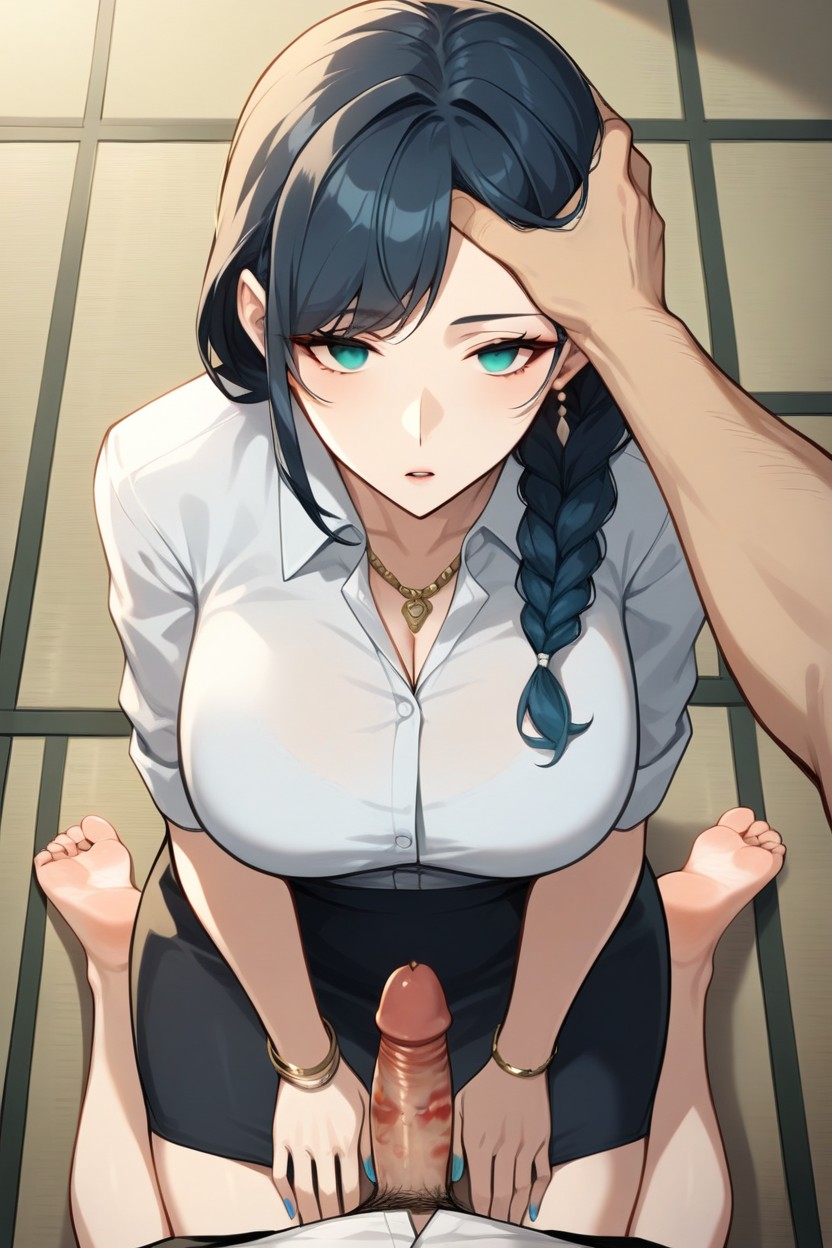 Hair_over_shoulder, Rounded Breast, Deep Fellatio Hentai AI Porn
