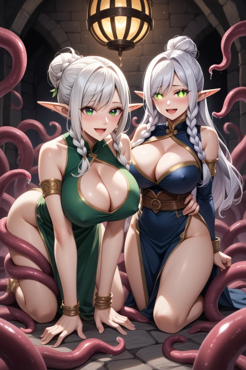 Elf Female, White Hair, Dungeon Hentai AI Porn
