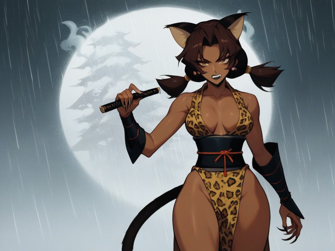 Night, Leopards In Background, Samurai Village Background Hentai AI Porn
