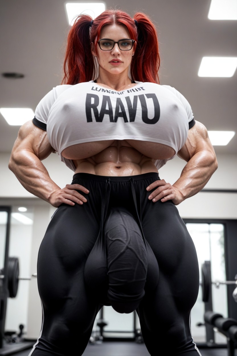 Cock Bulge Below Her Knees, White Tang Top With Text, Freckles Shemale AI Porn
