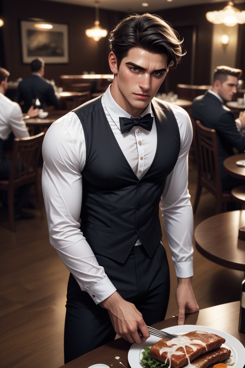 Standing, Handsome, One Southern European Waiter AI Gay Porn