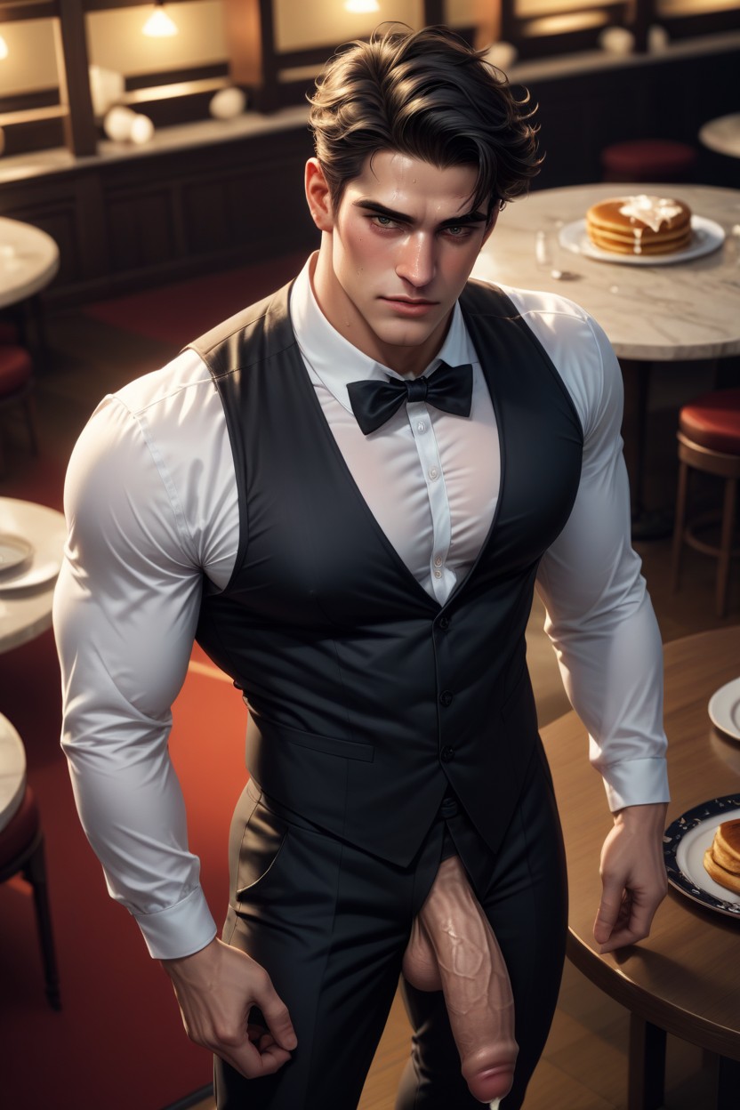 One Southern European Waiter, Ribcage, Neat Combed Hair AI Gay Porn