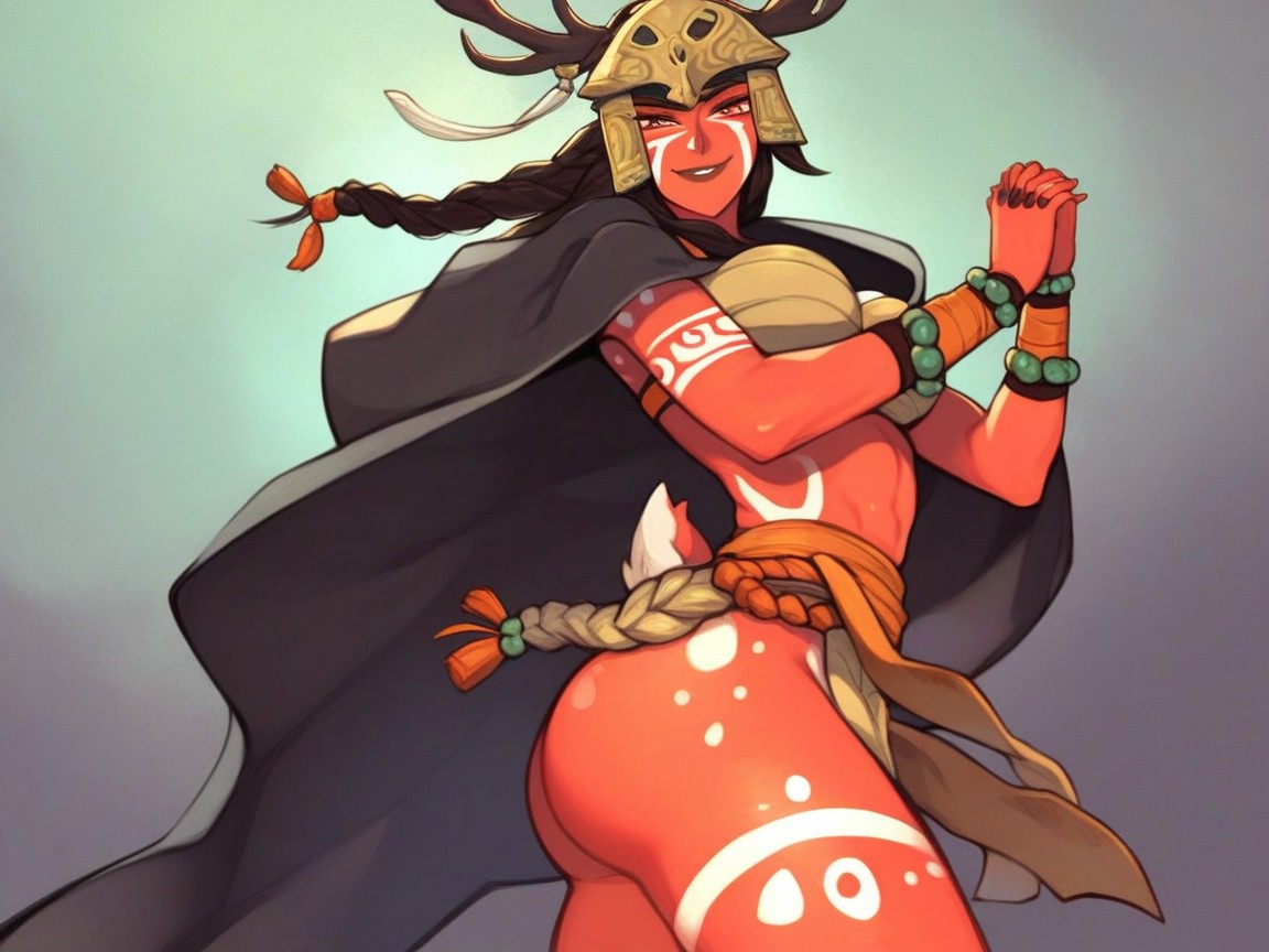 Black Braided Ponytail, Dusk, Orange Tribal Body Paint Hentai AI Porn