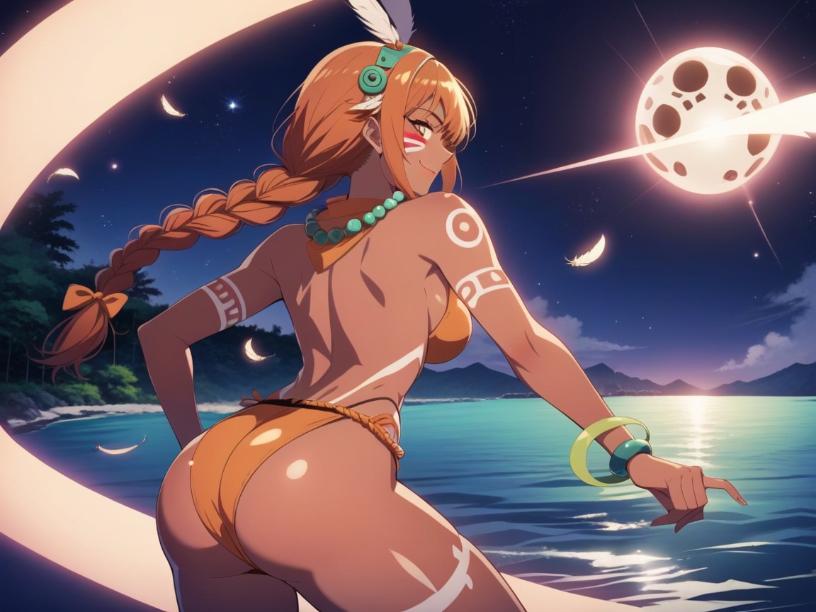 Wind In Hair, Skull Necklace, Orange Tribal Body Paint Hentai AI Porn