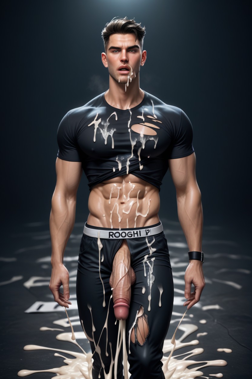 Large Penis, Cum On Face, Cum Running Out Of Ripped Black Pants AI Gay Porn