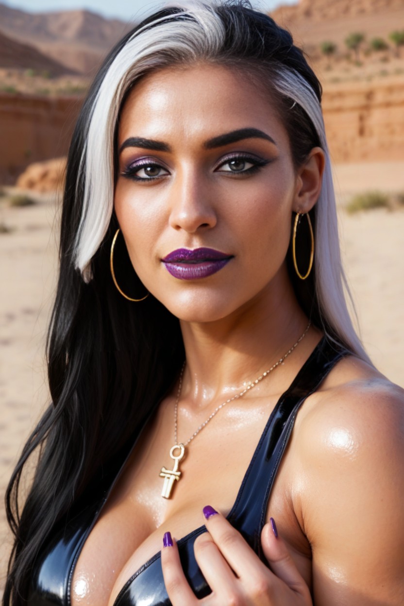 Close Up, Shiny Latex Clothing, Black Hair And White Hair Streak AI Porn